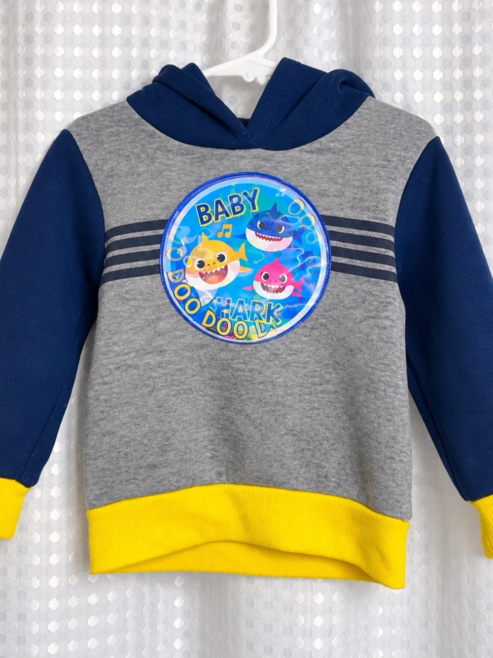 Baby Shark Gray & Navy Hooded Pullover Top with Yellow Trim